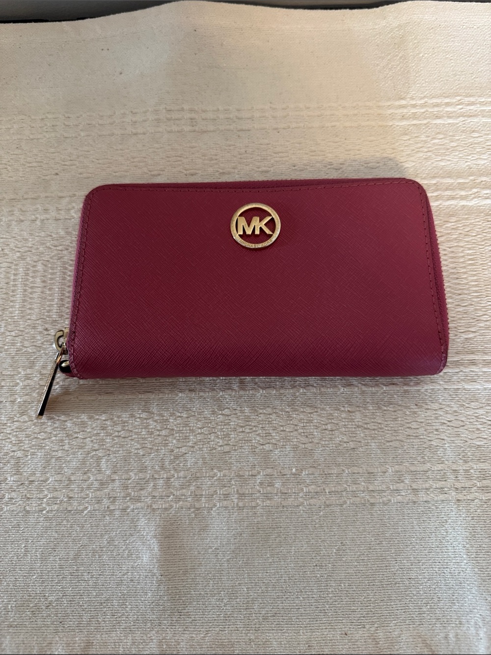 Michael Kors Raspberry Zip-Around Saffiano Leather Wallet with Gold MK